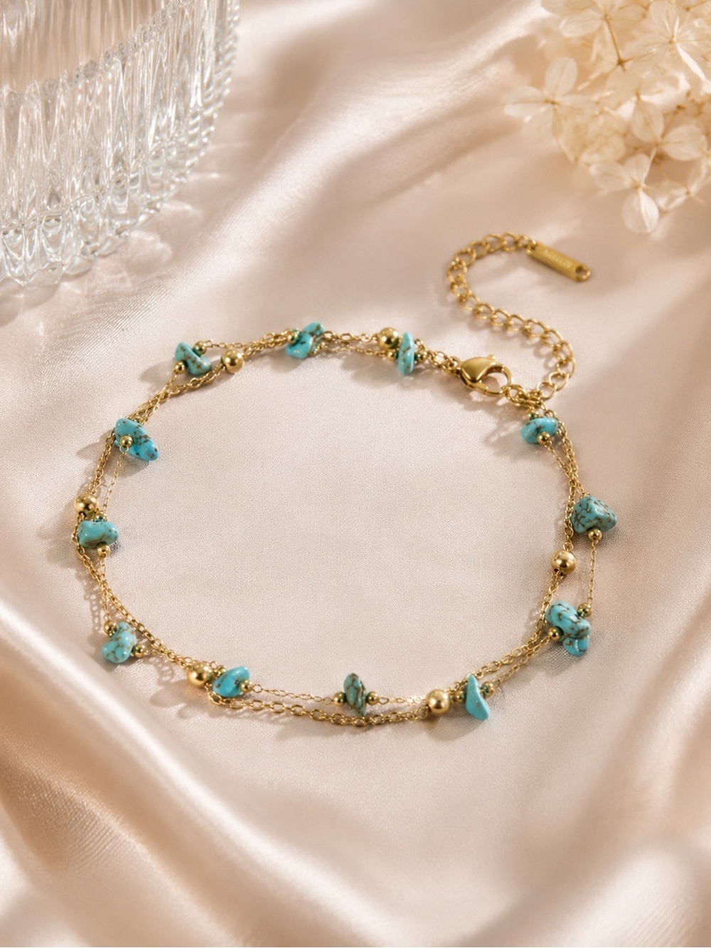 18K Gold Double Chain Anklet with Turquoise Stones